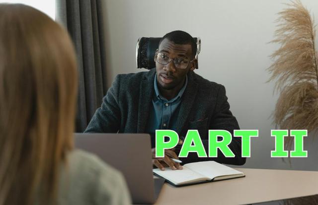 two professionals doing a job interview with part ii on top of it