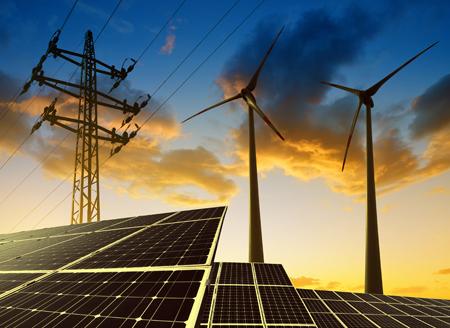 solar panels, power line, and wind turbines